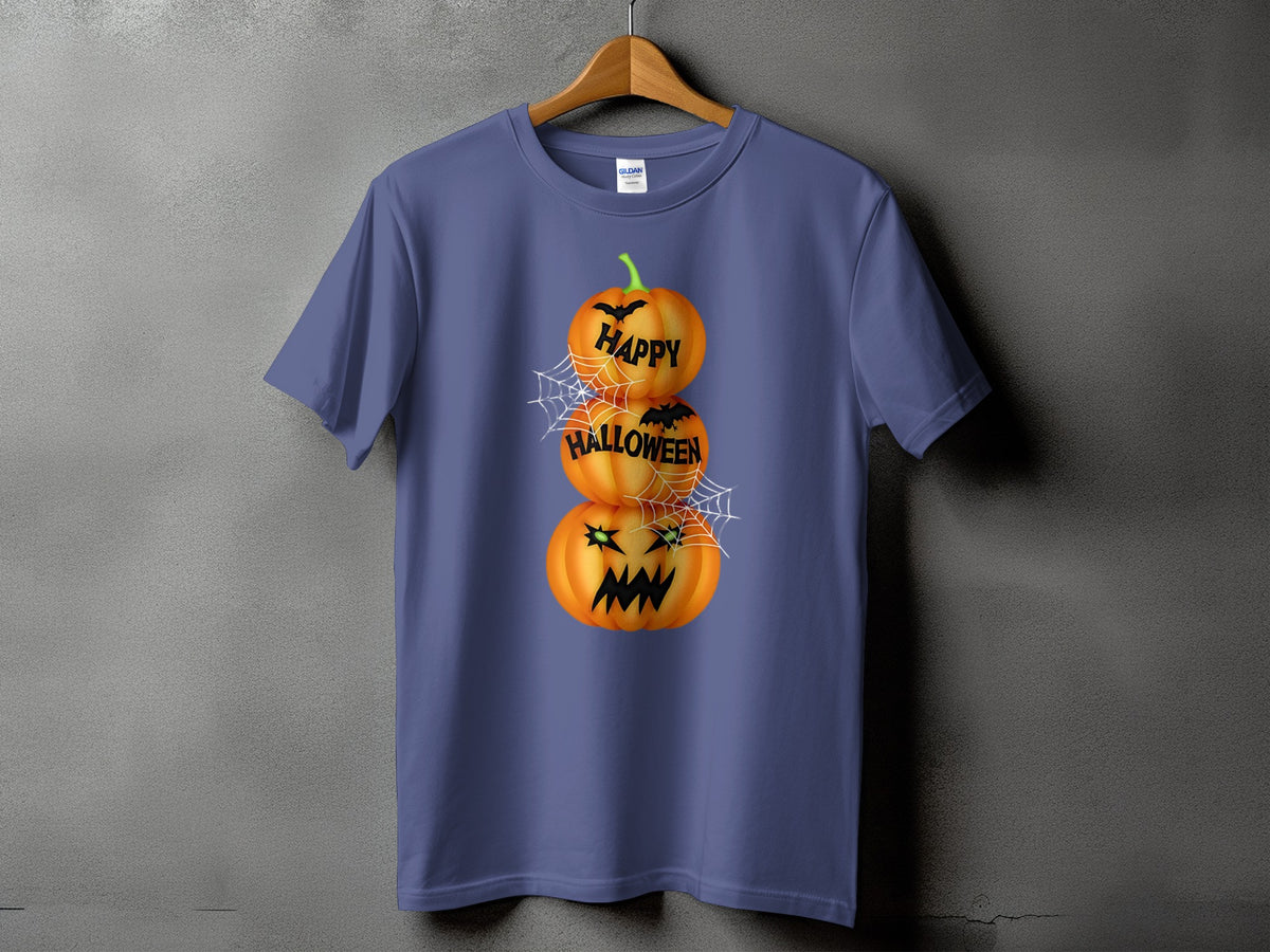 T-shirt with stacked Halloween pumpkins reading "Happy Halloween" and spiderwebs.