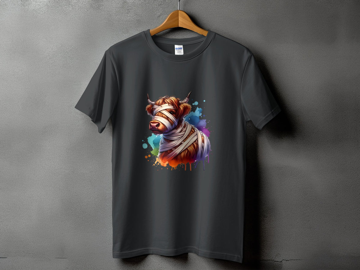 Dark gray t-shirt with a watercolor Highland cow graphic wrapped in bandages.