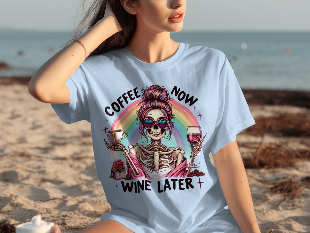 Coffee Now Wine Later Skeleton Rainbow T-shirt