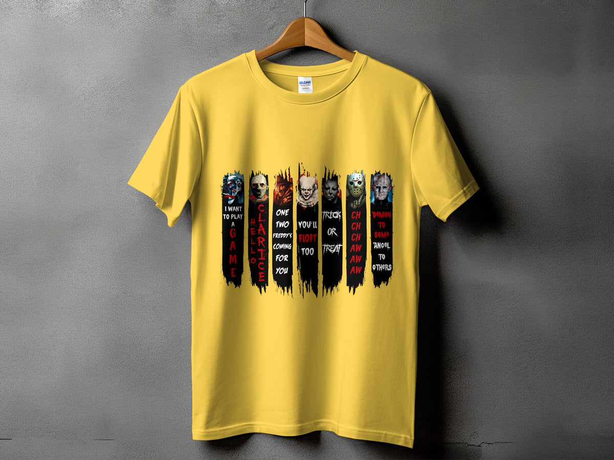 Yellow t-shirt with horror movie characters and text "I want to play a game."