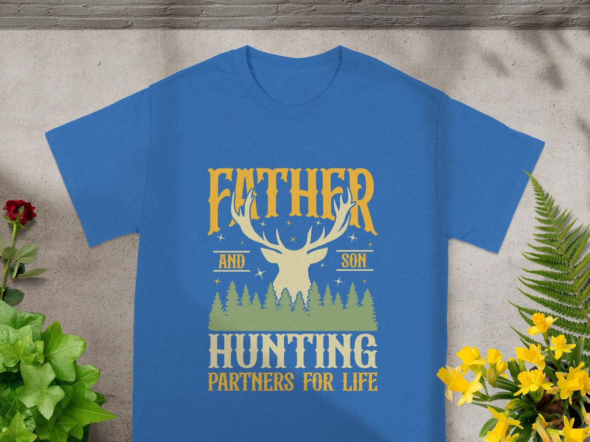 Blue t-shirt with Father and Son Hunting Partners For Life graphic.