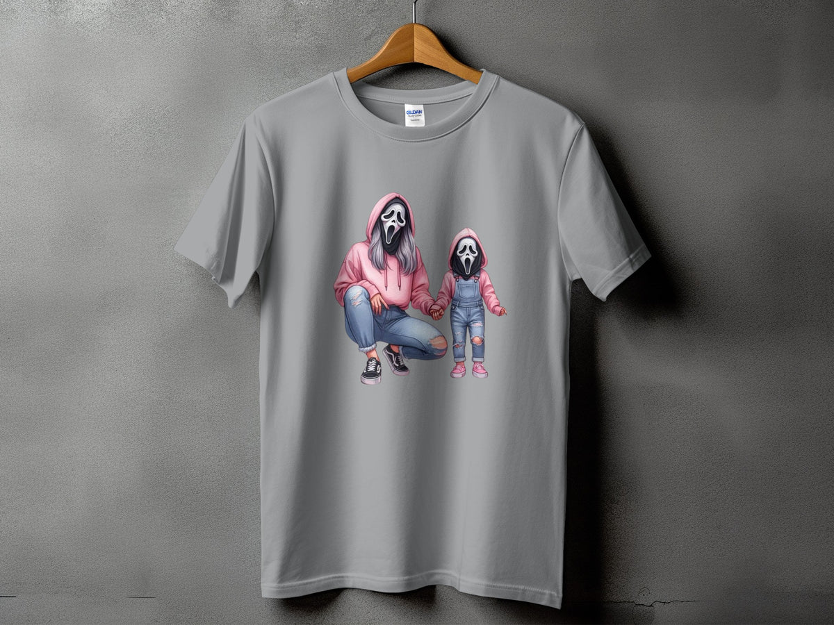 Gray t-shirt with graphic of Ghostface figures in pink hoodies and jeans.
