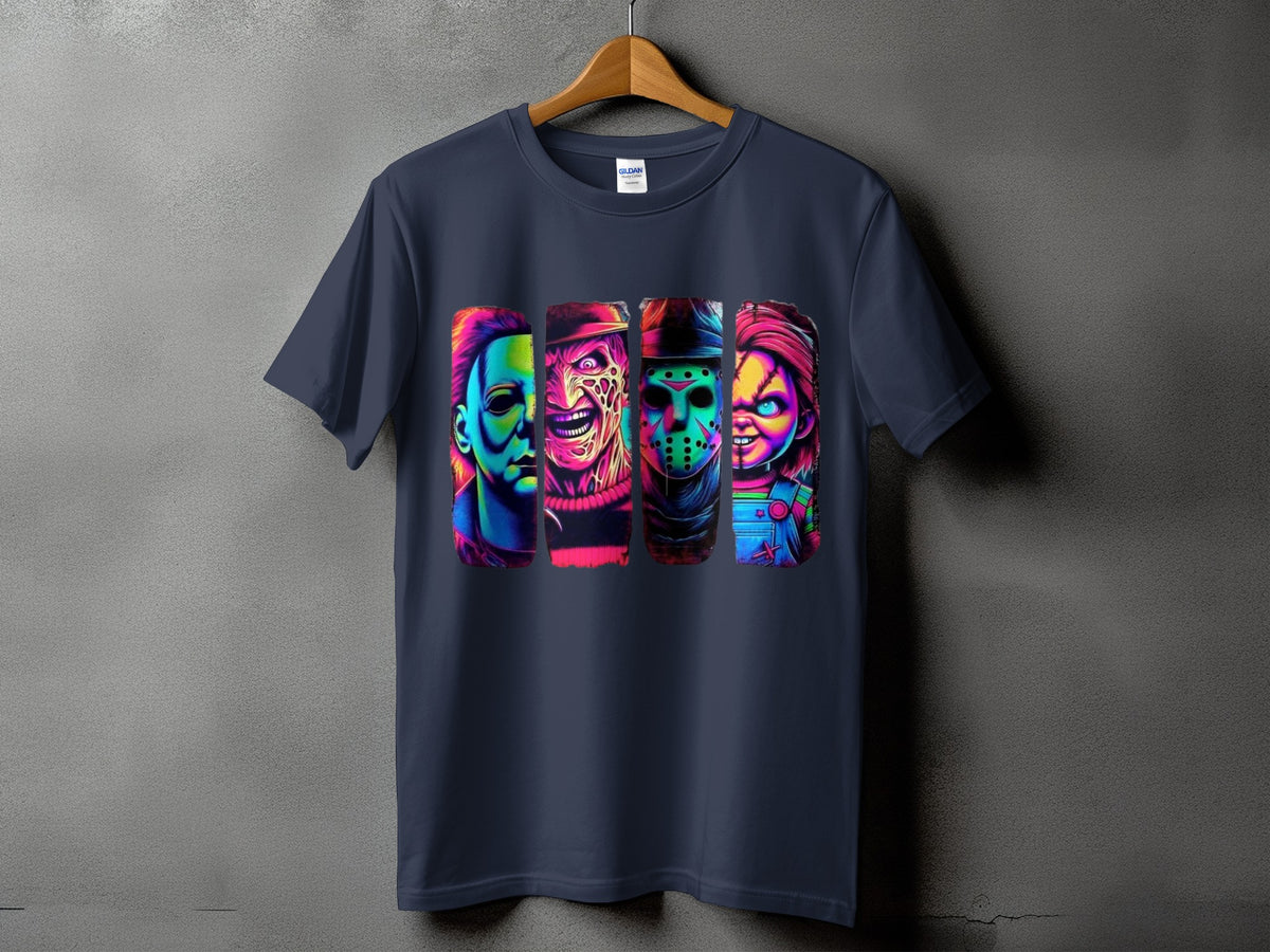 Dark t-shirt featuring four horror movie characters in a vibrant, colorful graphic.