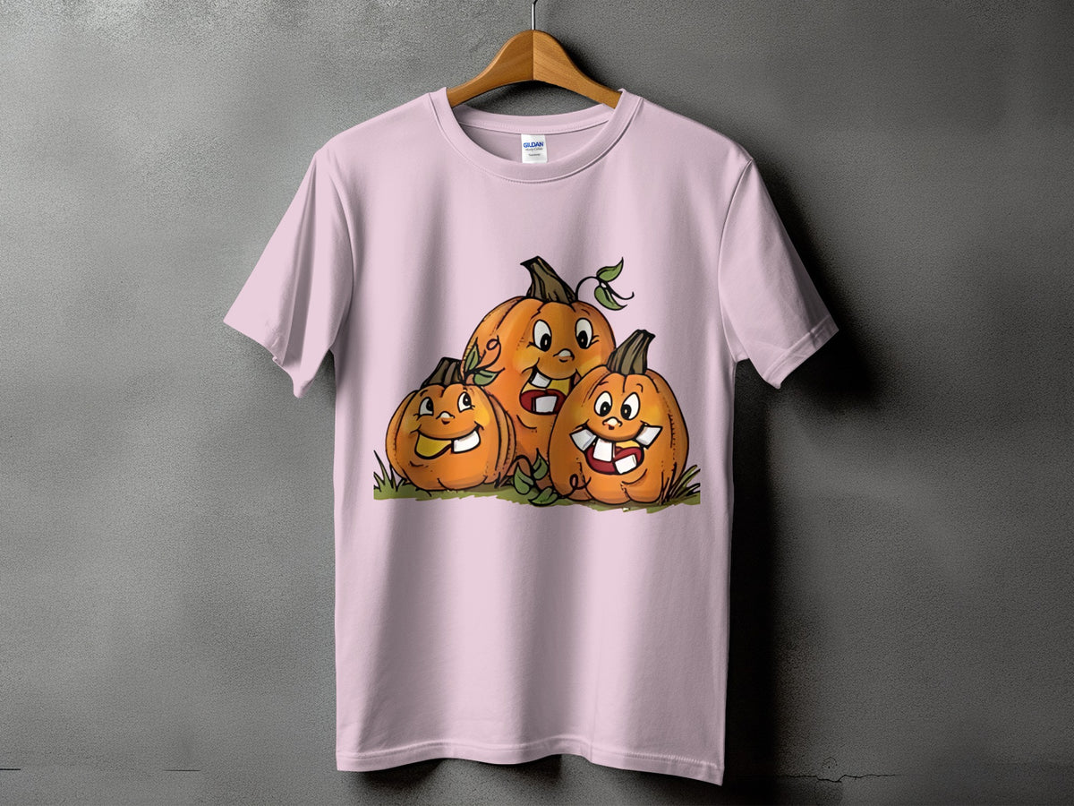 Pink t-shirt with cartoon illustration of three happy jack-o'-lanterns.