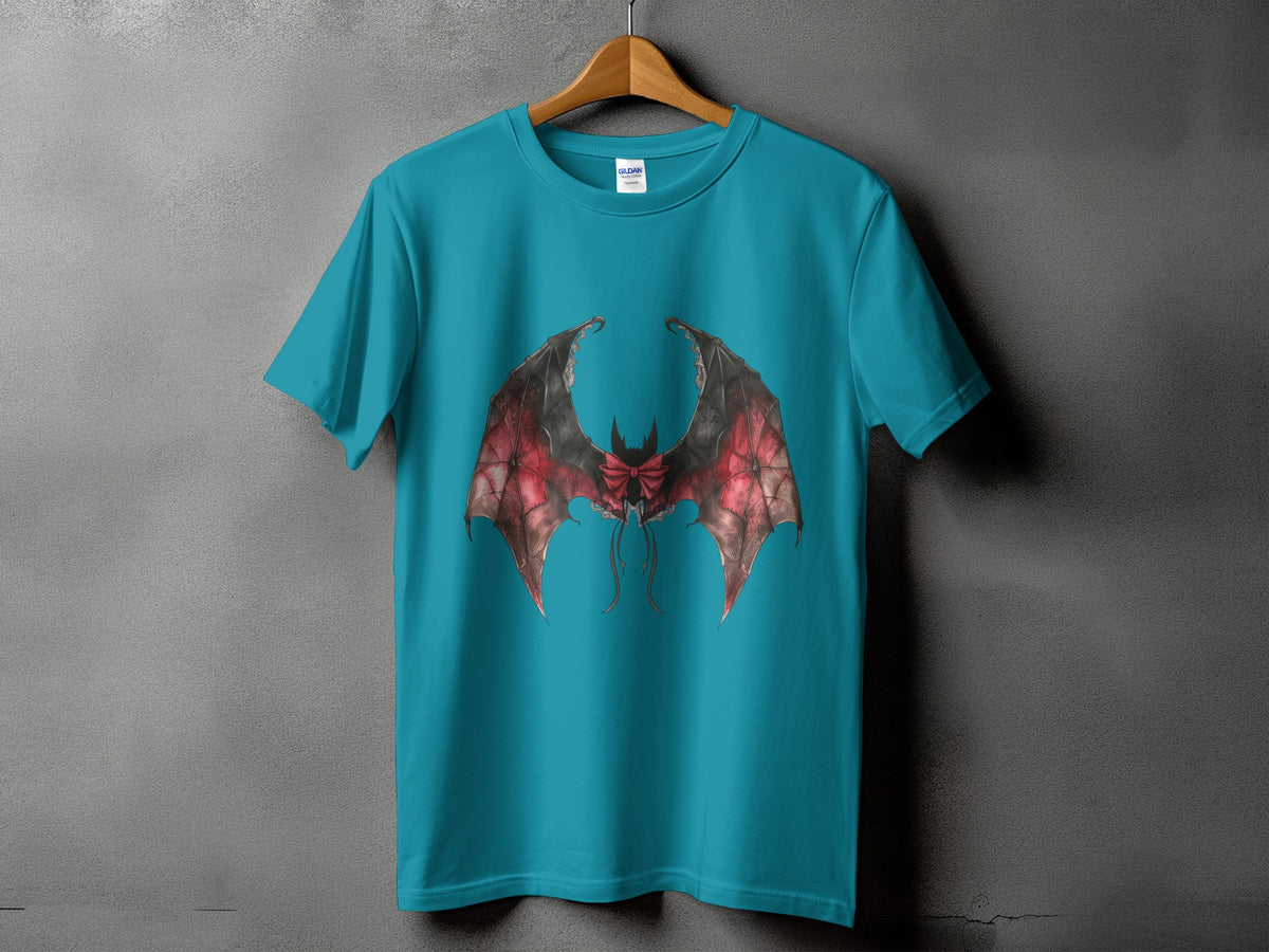 Teal t-shirt with a graphic of large, detailed bat wings with a red bow.