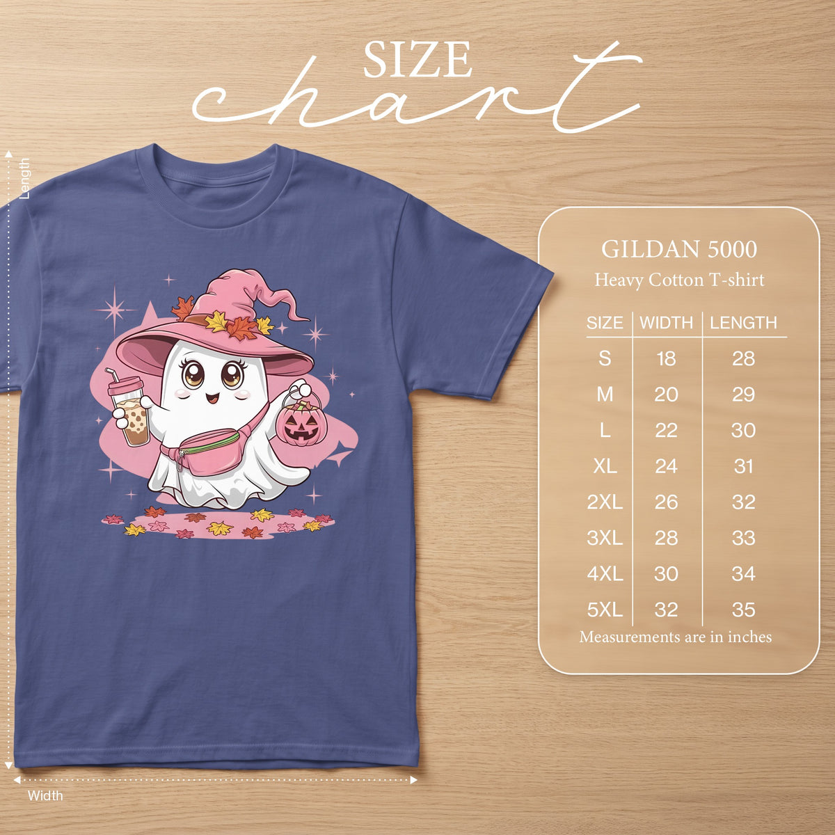 Size chart for Gildan 5000 Heavy Cotton T-shirt showing size, width, and length.