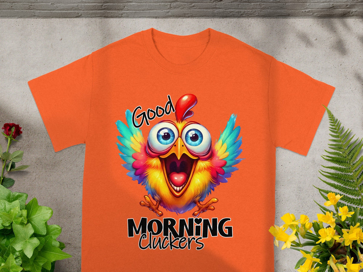 Good Morning Cluckers Colorful Rooster Graphic Tee