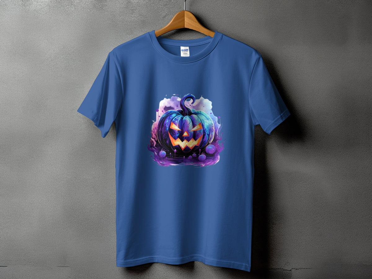 Blue t-shirt with a colorful, stylized jack-o'-lantern graphic and purple swirling smoke.