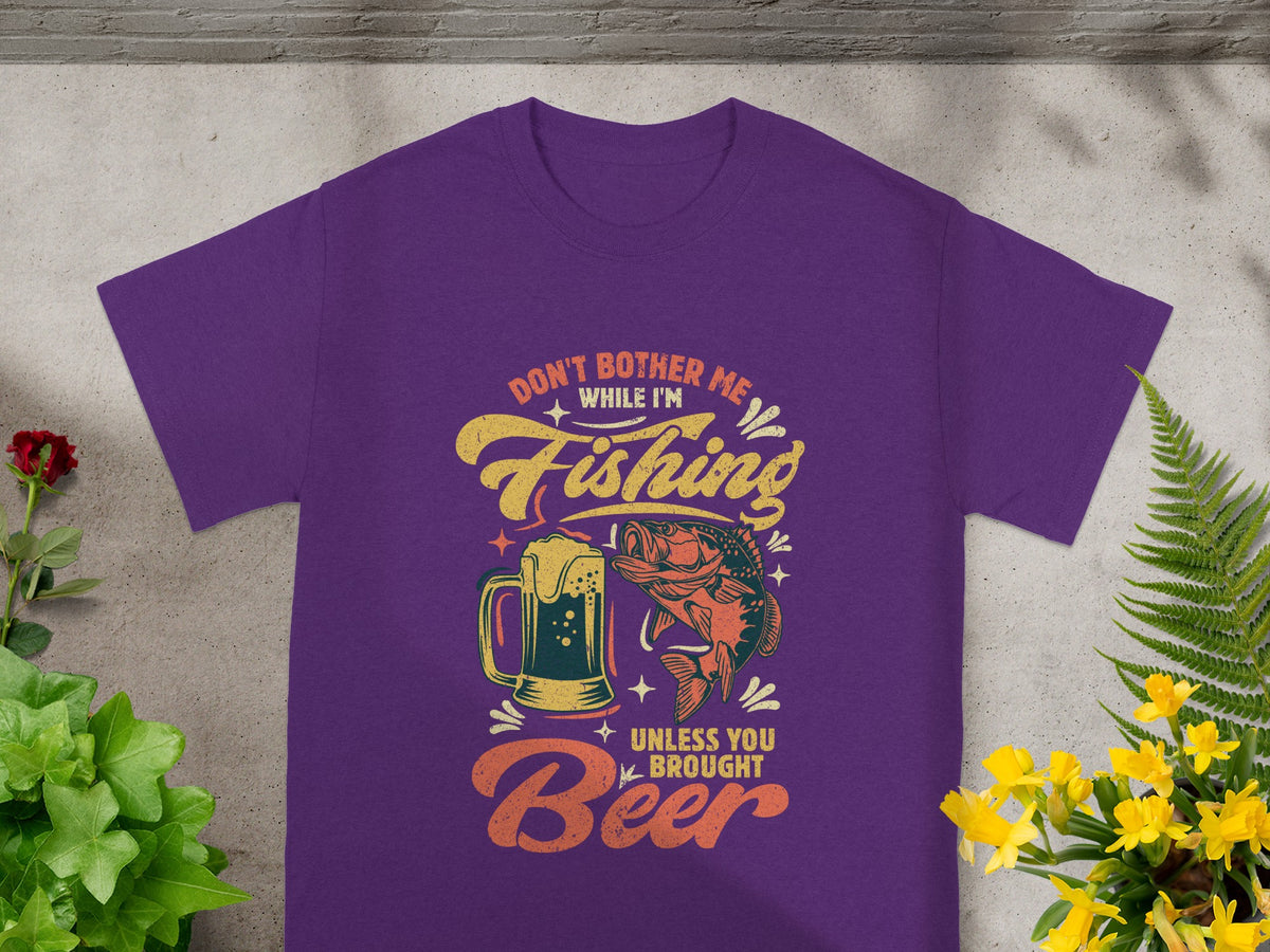 Purple t-shirt with graphic: "Don't bother me while I'm fishing unless you brought beer."
