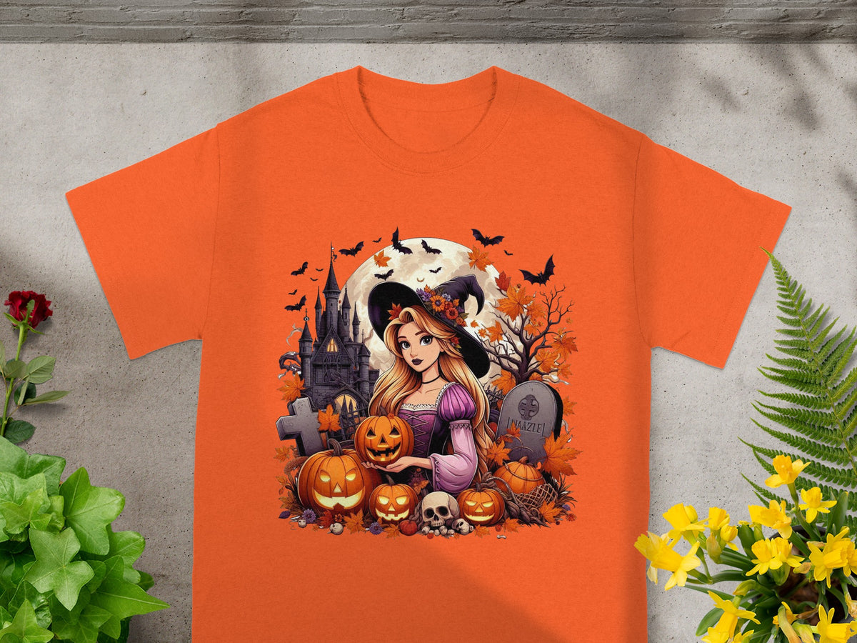 Orange t-shirt with Halloween graphic of witch, castle, pumpkins, bats, and tombstone.