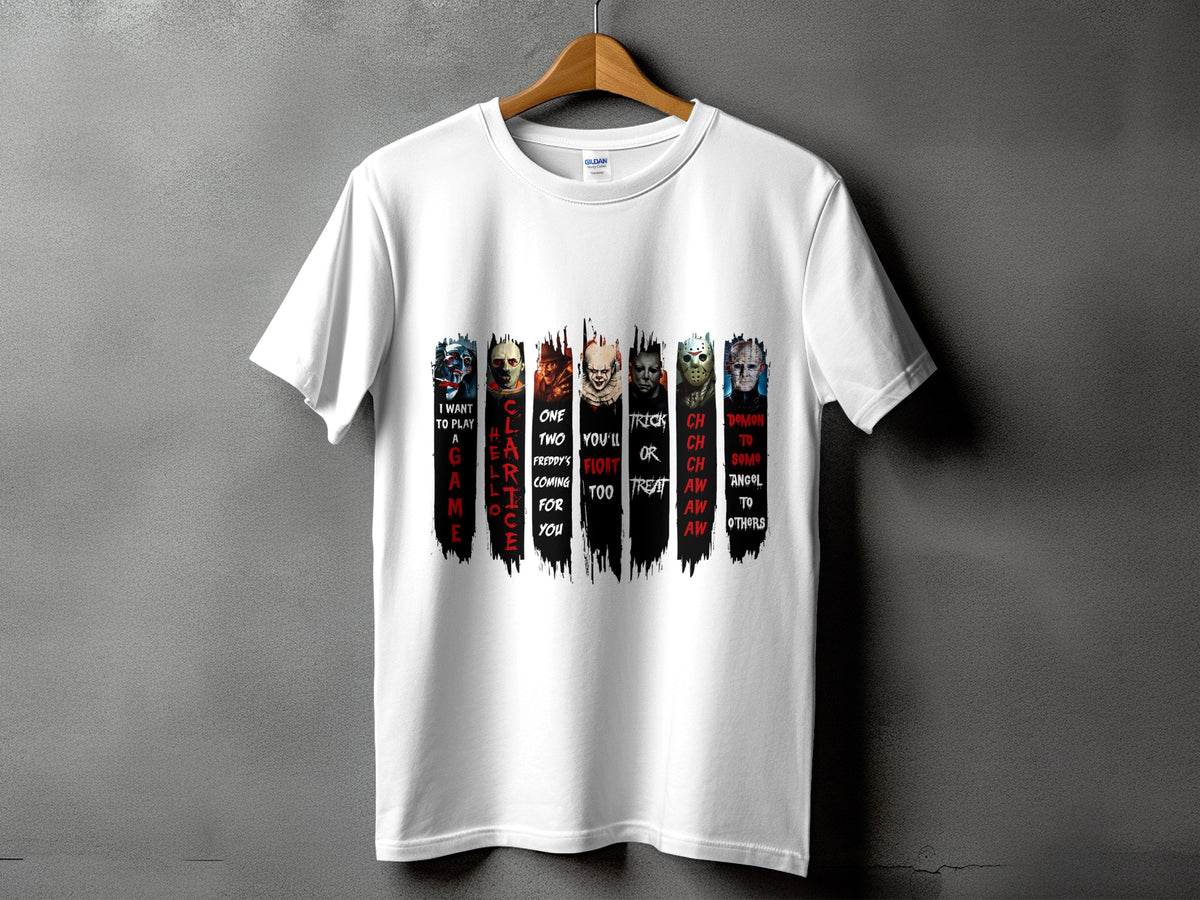 White t-shirt with horror movie characters and quotes printed vertically.