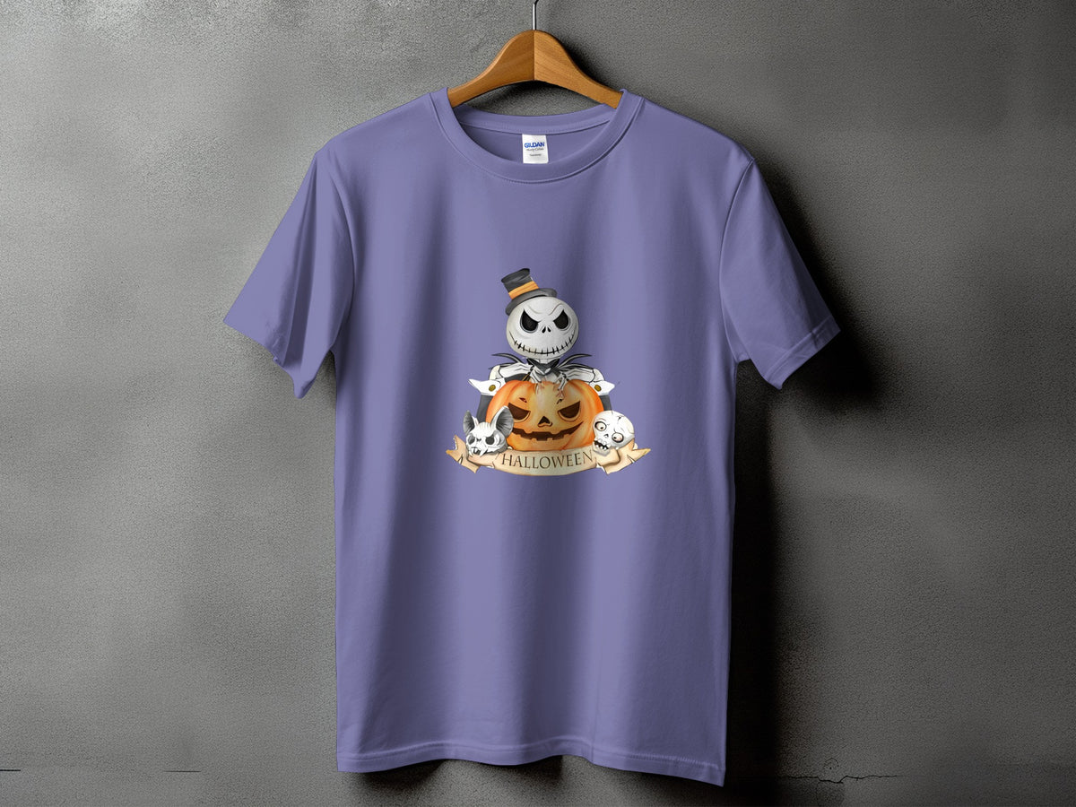 Purple t-shirt with Jack Skellington, pumpkin, and skulls Halloween graphic.