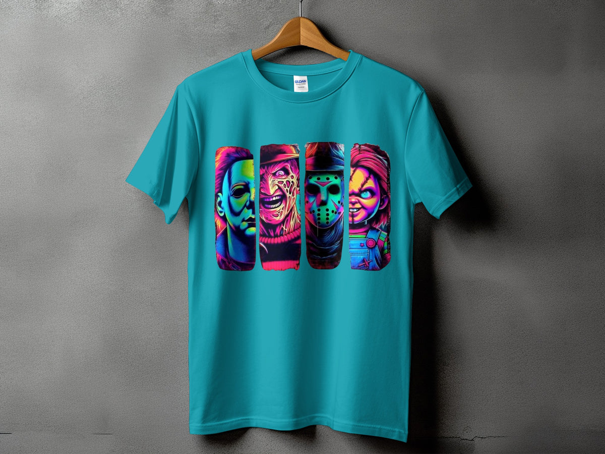 Teal t-shirt with vibrant horror character portraits: Michael Myers, Freddy Krueger, Jason Voorhees, Chucky.
