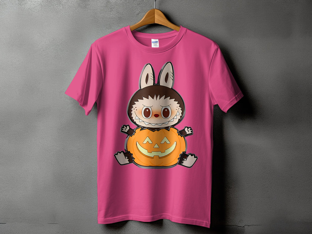 Pink t-shirt with cartoon character sitting in a jack-o'-lantern.