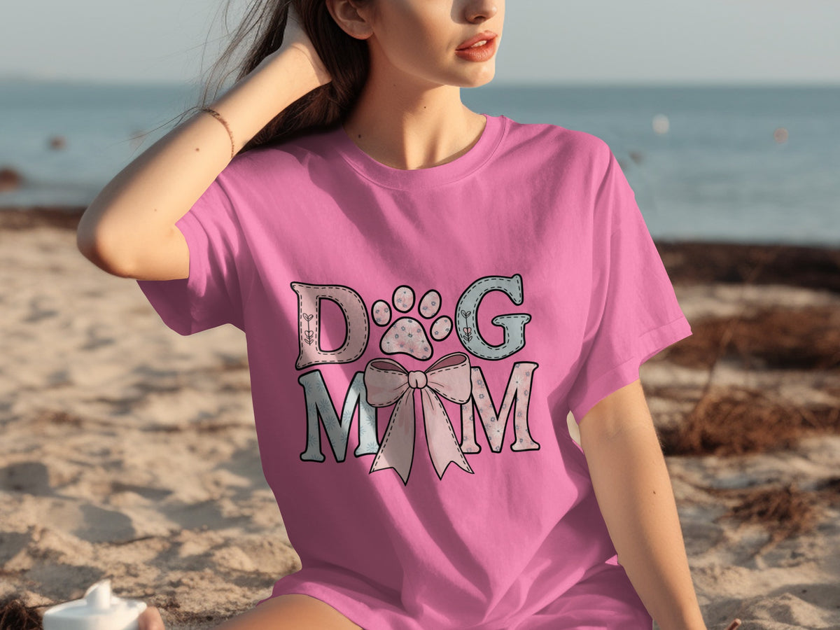 Cute Pink Dog Mom Paw Print and Bow Graphic T-Shirt