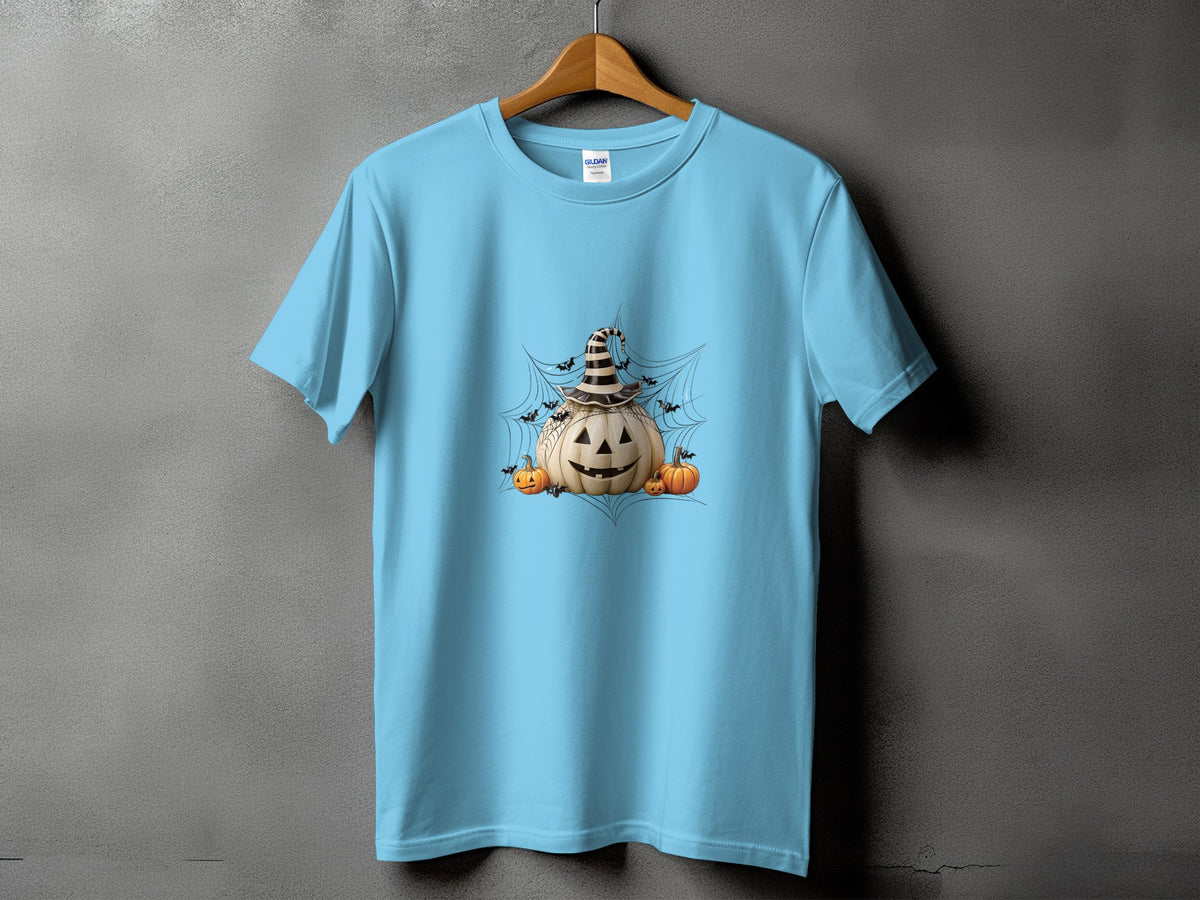 Light blue t-shirt with Halloween pumpkin, smaller pumpkins, bats, and cobwebs graphic.