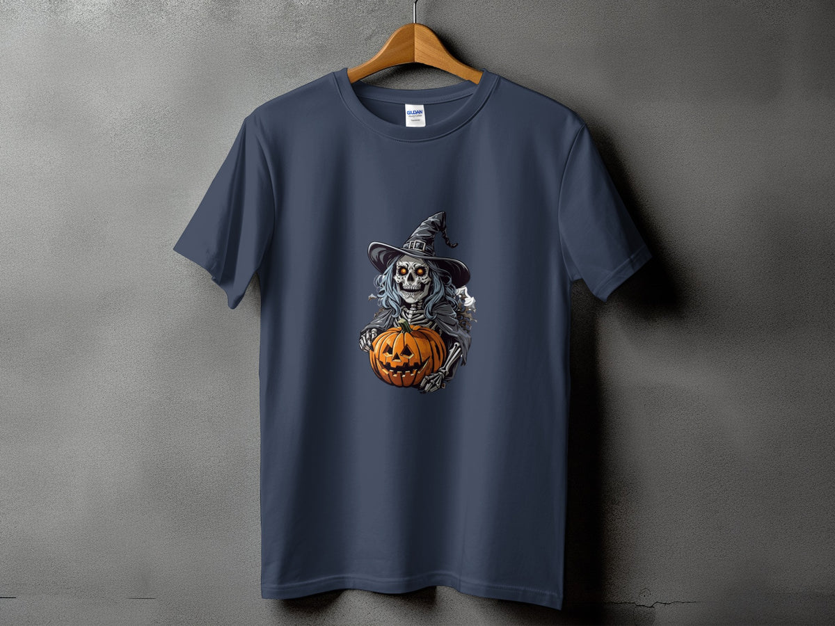 Dark blue t-shirt featuring a skeleton wearing a witch hat holding a pumpkin.