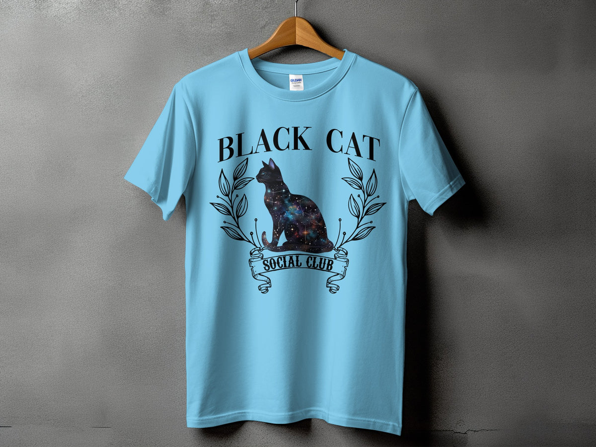 Light blue t-shirt with "BLACK CAT SOCIAL CLUB" text and galaxy cat graphic.