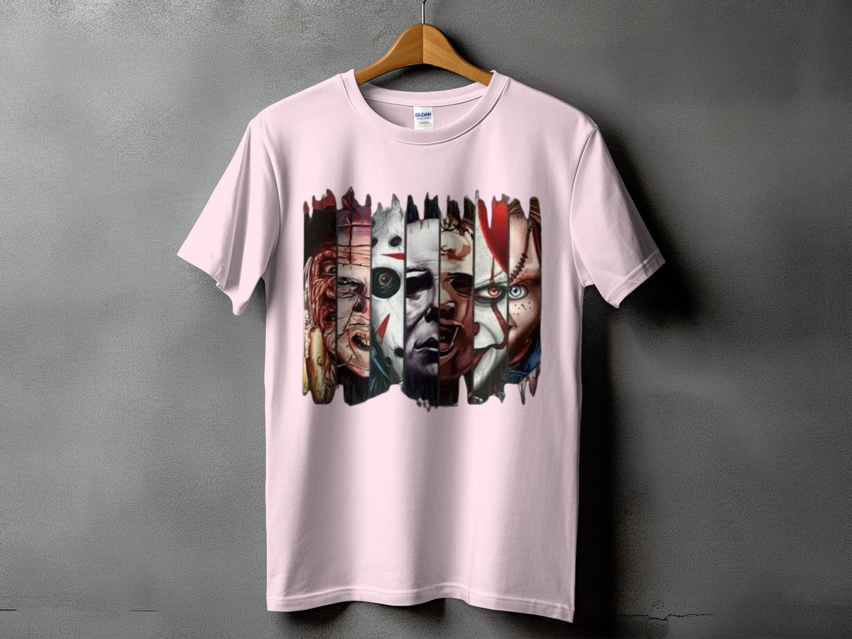 Pink t-shirt with montage of horror movie villain faces.