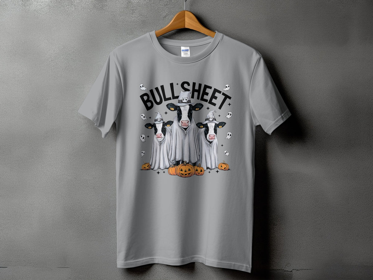 Gray t-shirt with "BULL' SHEET" text and three cows dressed as ghosts with pumpkins.
