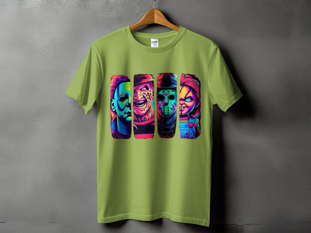 Green t-shirt with colorful horror movie characters print on front.