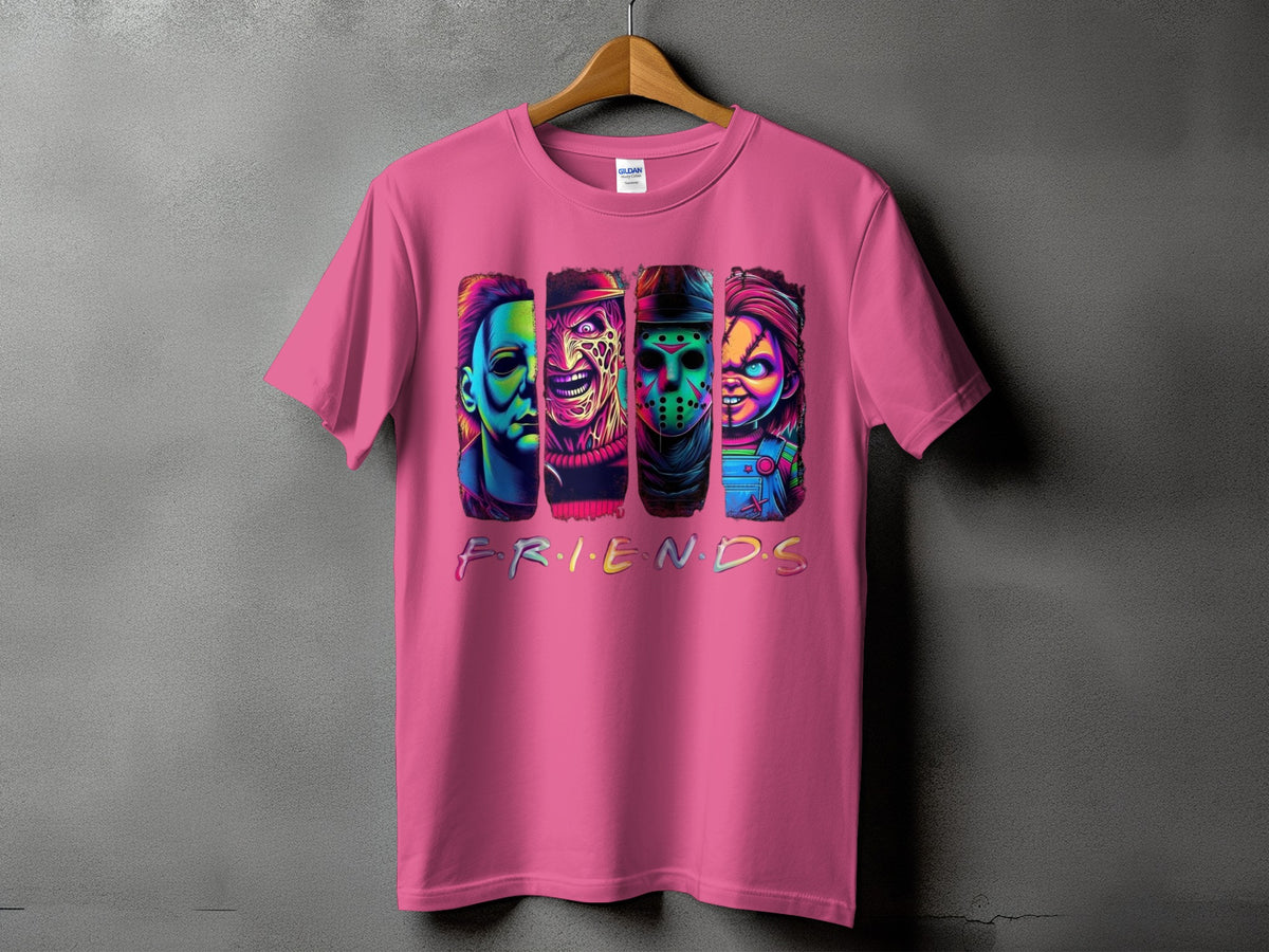 Pink t-shirt with horror characters and "FRIENDS" text.