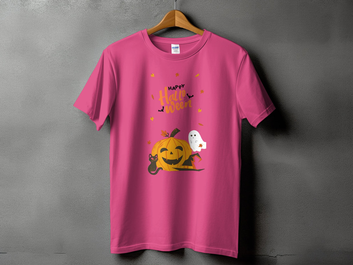 Pink t-shirt with Happy Halloween graphic featuring pumpkin, ghost, and black cat.