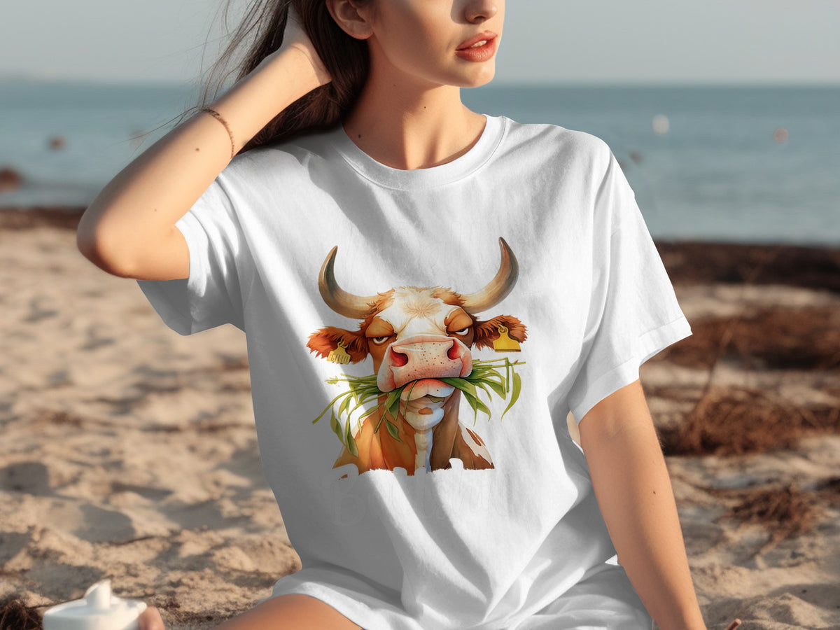 Funny Cow Eating Grass Design T-Shirt for Summer Days