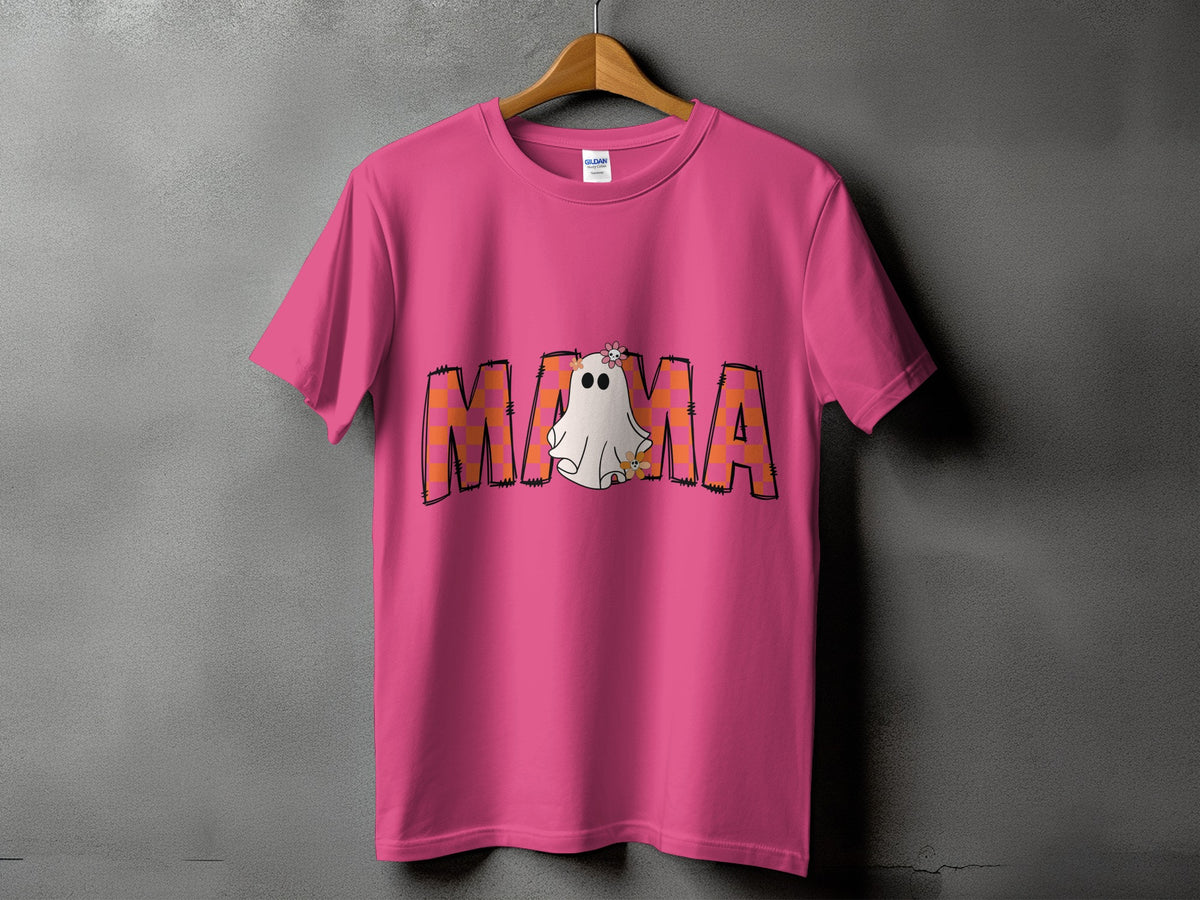 Pink t-shirt with "MAMA" text featuring a ghost and floral accents.