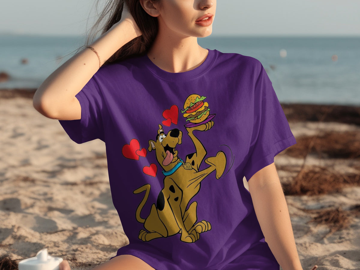 Colorful Cartoon Dog Eating Burger Graphic T-shirt