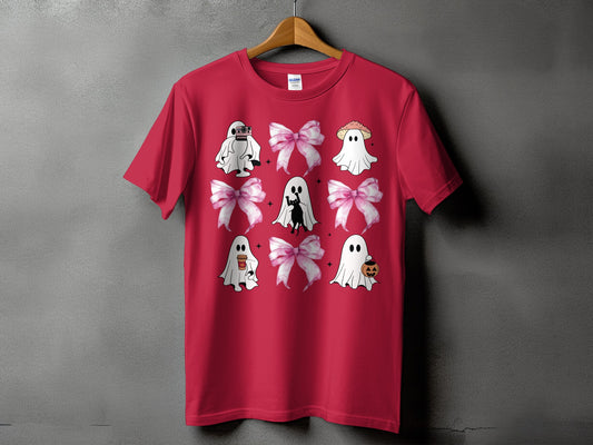 Red t-shirt with ghosts, bows, a black cat, and a pumpkin graphic.