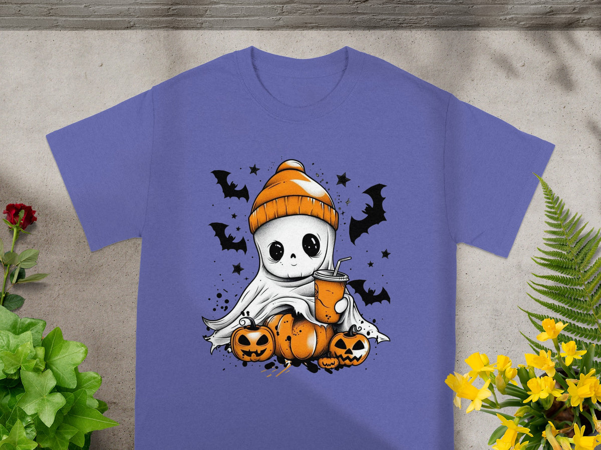 Cute ghost with pumpkins and drink on a purple t-shirt.