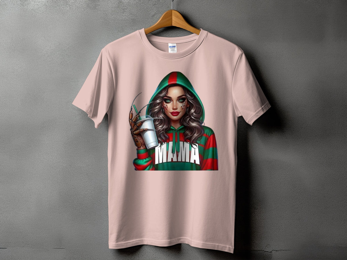 Pink t-shirt featuring a graphic of a woman in a striped green and red hoodie with "Mama" text.