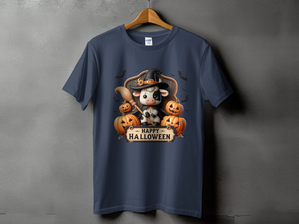 Dark blue t-shirt with a Halloween graphic featuring a cow in a witch hat, pumpkins, and bats.