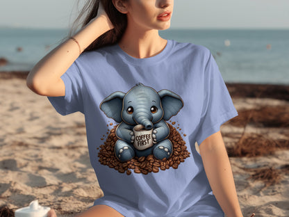 Cute Elephant with Coffee First T-shirt Design