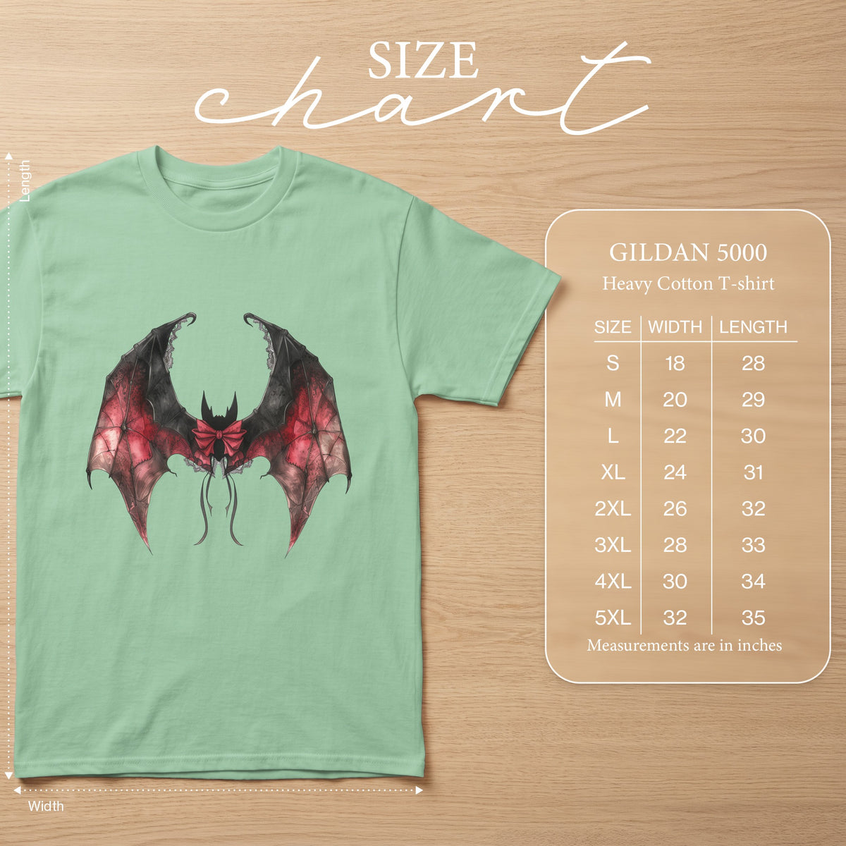 Light green Gildan 5000 t-shirt with bat graphic and size chart.