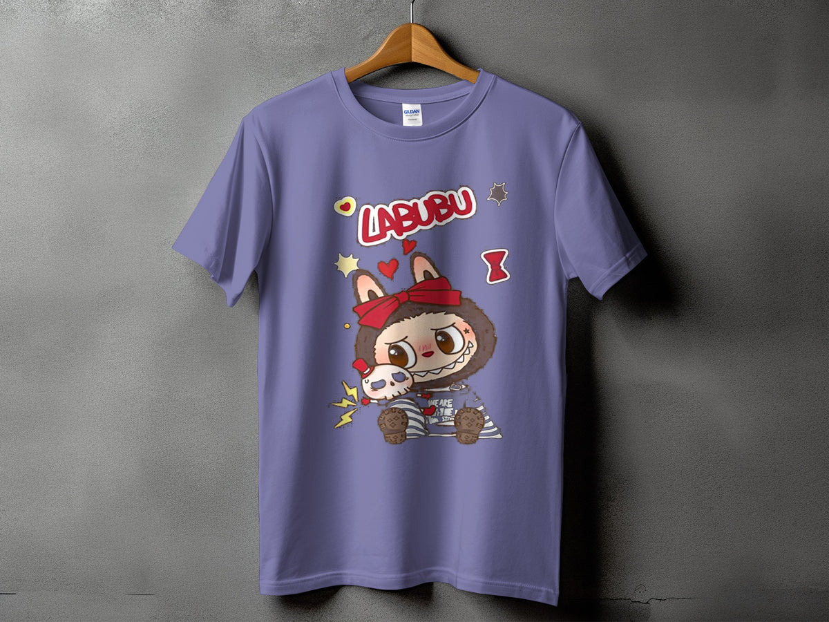 Purple t-shirt with Labubu character holding a skull and text.