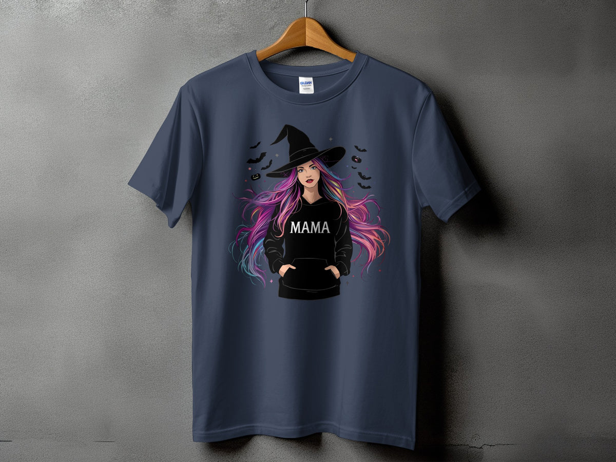 Dark blue t-shirt with witch graphic and the word "MAMA"