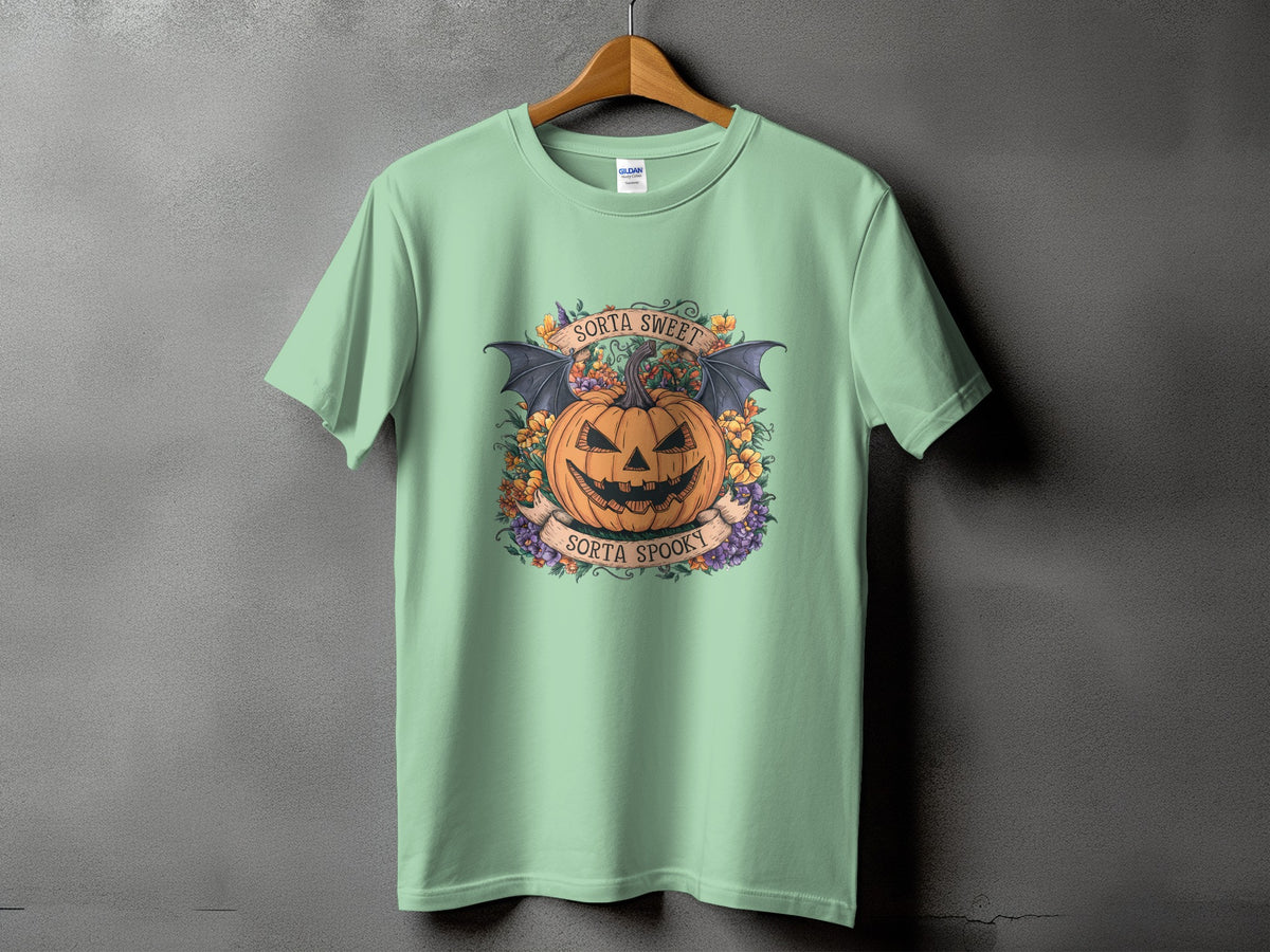 Green t-shirt with a Halloween design featuring a jack-o'-lantern, bat wings, and floral accents.