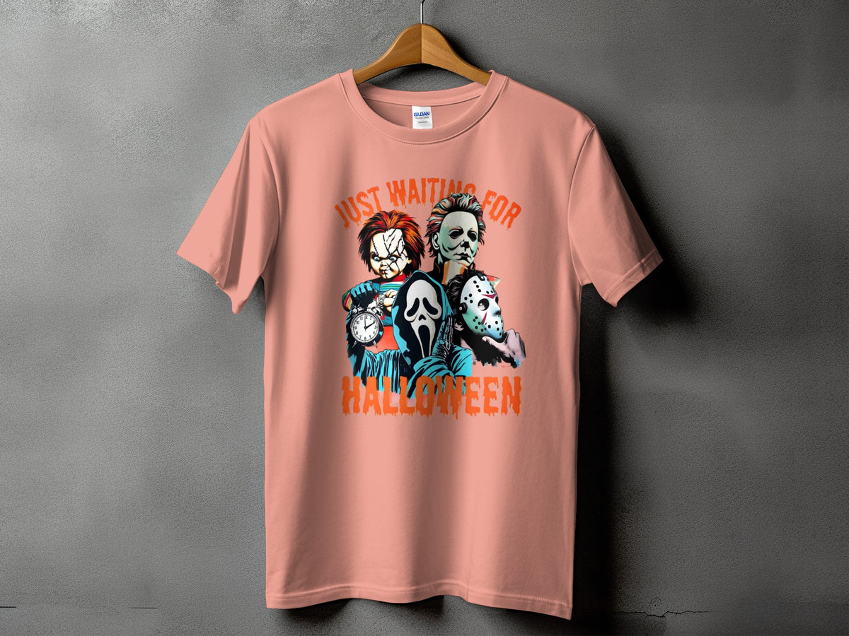Peach t-shirt with horror characters and "Just Waiting For Halloween" text.