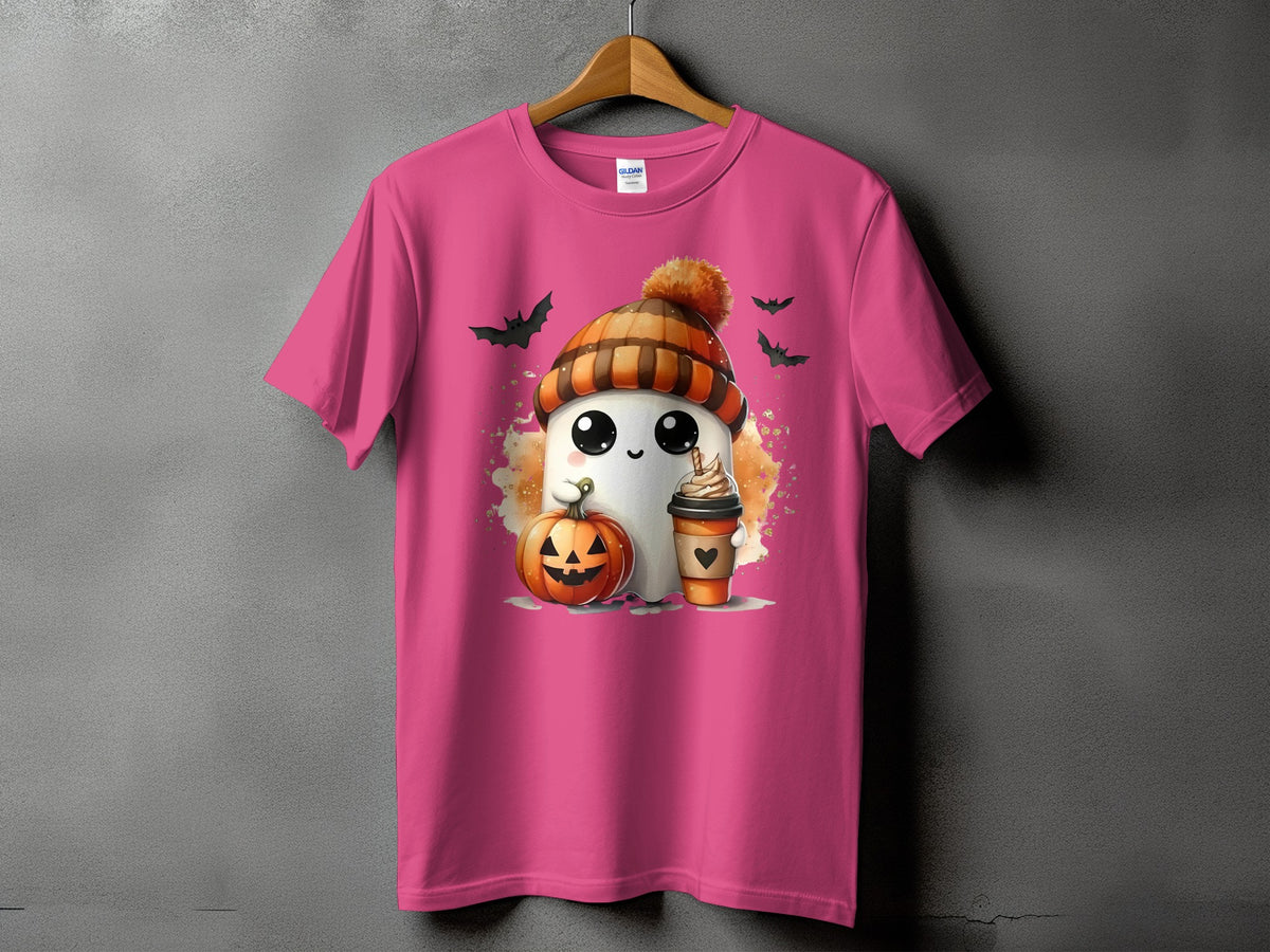 Pink t-shirt with a kawaii ghost, pumpkin, and coffee on it.