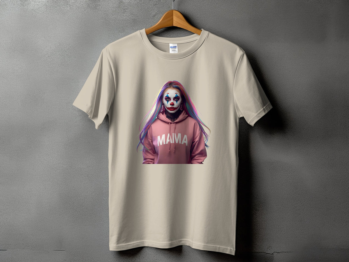 Beige t-shirt with clown graphic and "MAMA" text on pink hoodie.