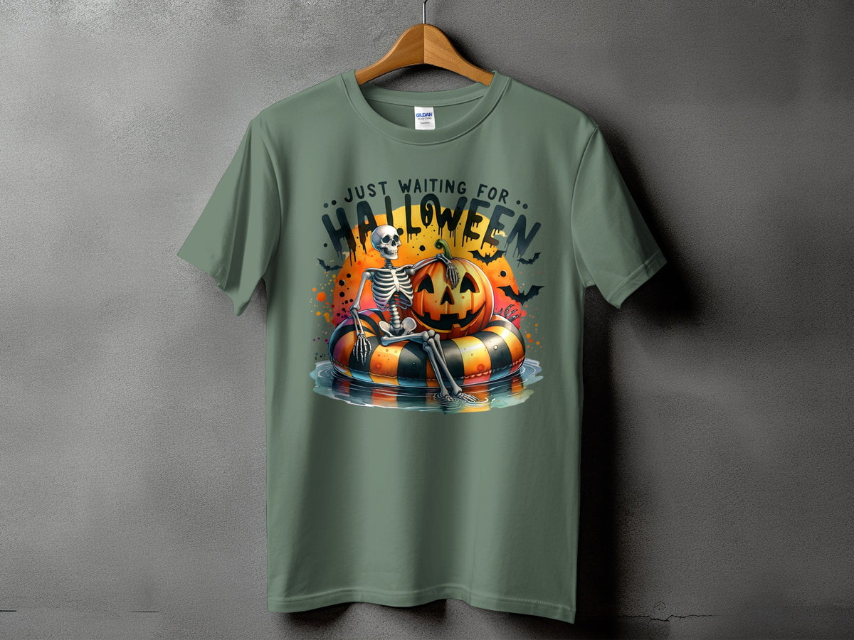 Skeleton with pumpkin floats on a ring, text says "Just Waiting for Halloween."