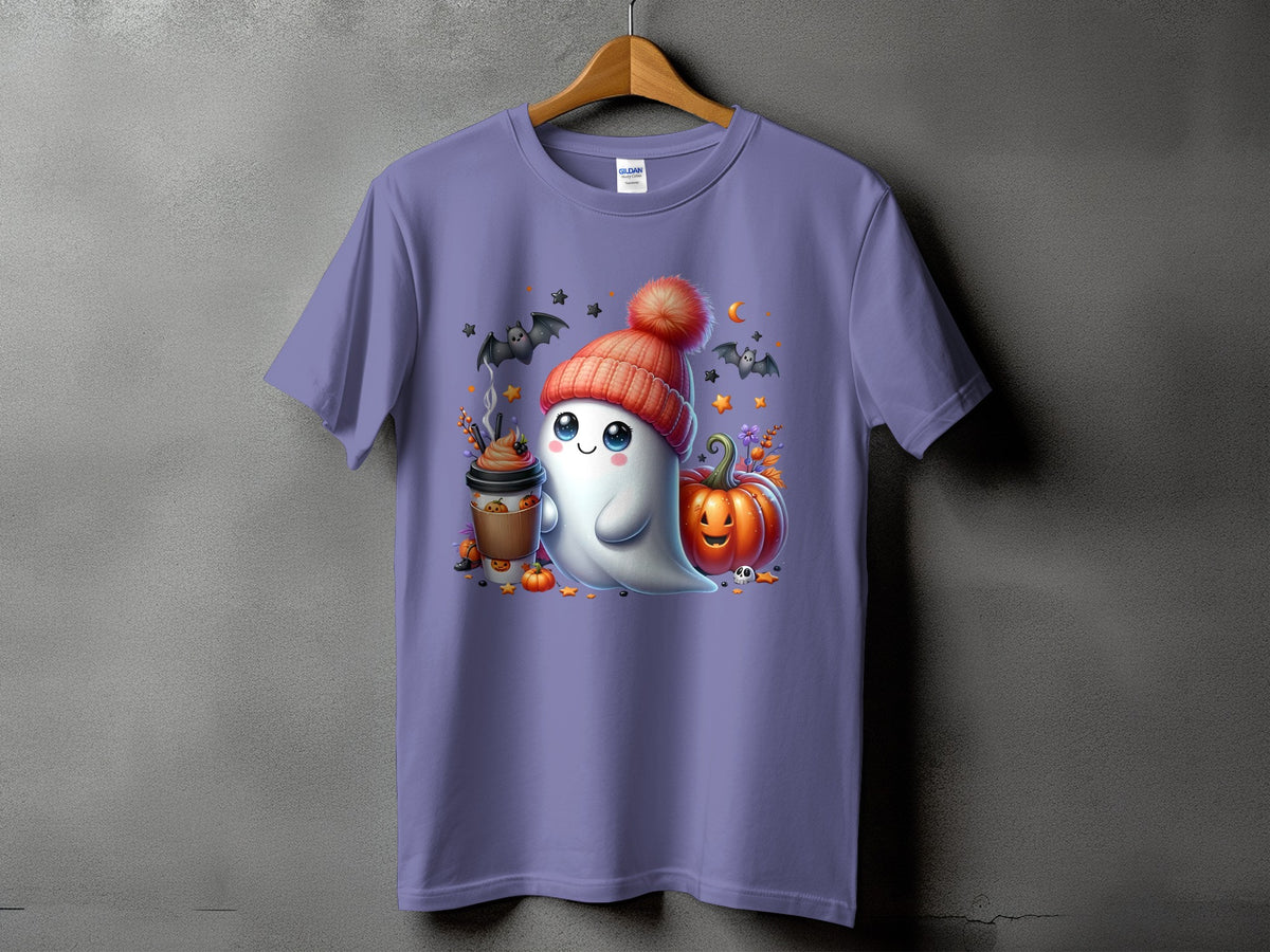 Ghost with pumpkin latte, wearing a beanie, with bats and pumpkins.