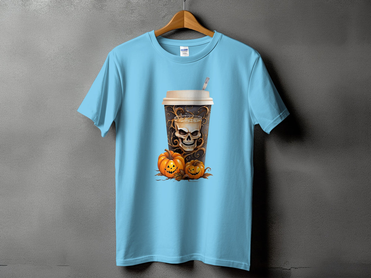 Light blue t-shirt with a coffee cup featuring a skull and two pumpkins.