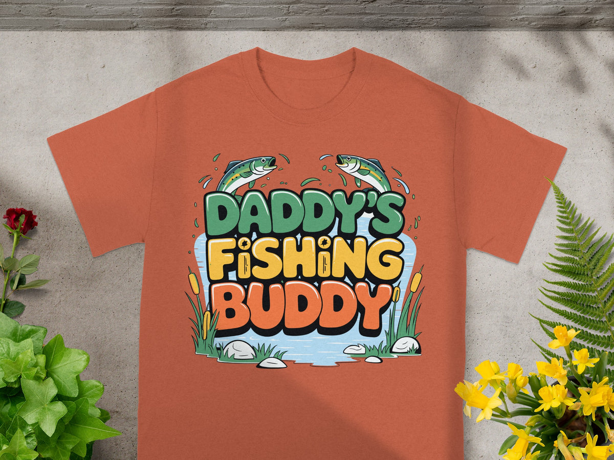 Orange t-shirt with "Daddy's Fishing Buddy" text and two fish.