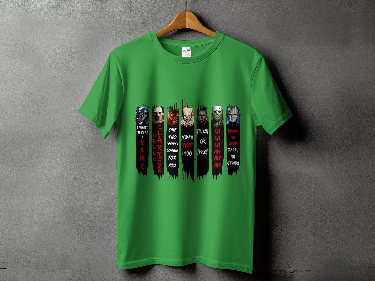 Green t-shirt with horror characters and text "I want to play a game"