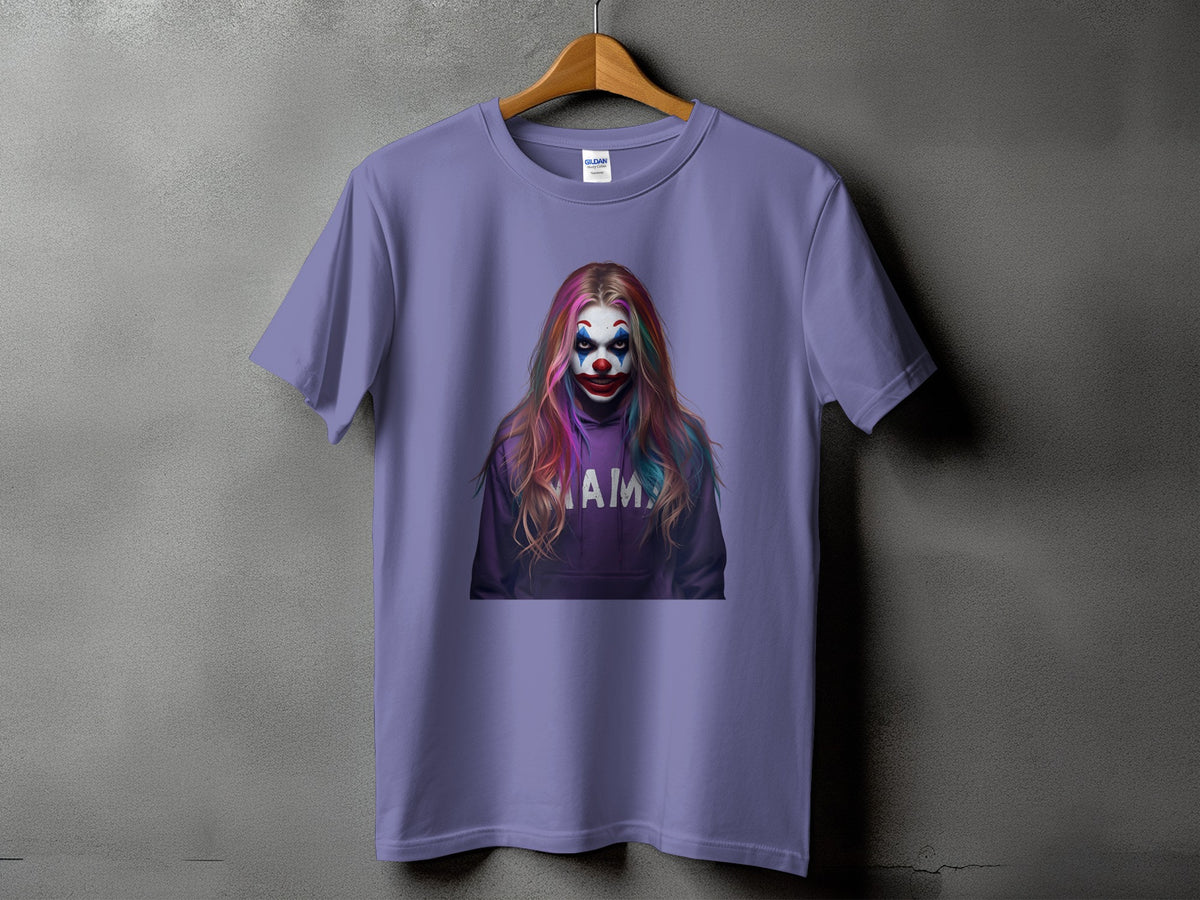 Purple t-shirt with a clown graphic and the word "mama" on a hoodie.