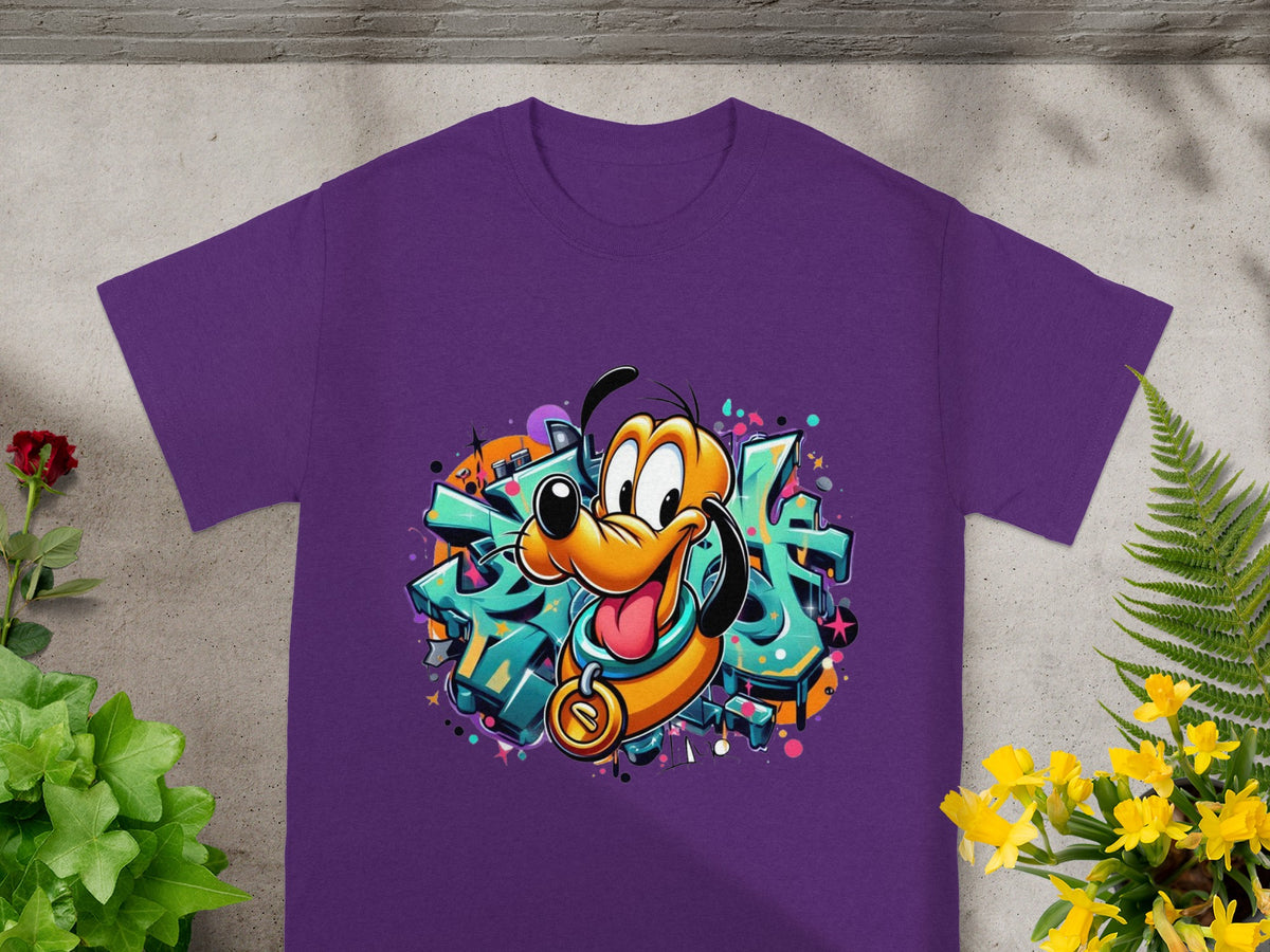 Purple t-shirt featuring cartoon dog Pluto with graffiti background.