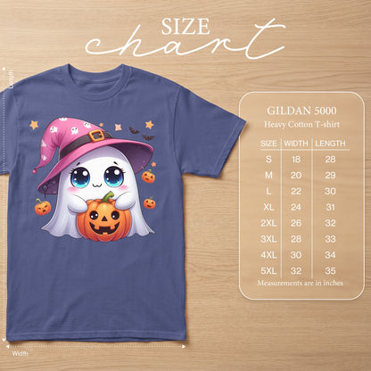 Cute ghost with pumpkin and witch hat on a Gildan 5000 heavy cotton t-shirt size chart.